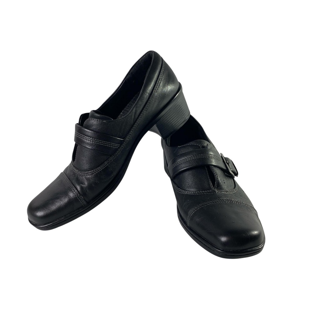 Clarks Artisan Shoes Womens Size 10 Black Leather Mary Jane Buckle Block Heel